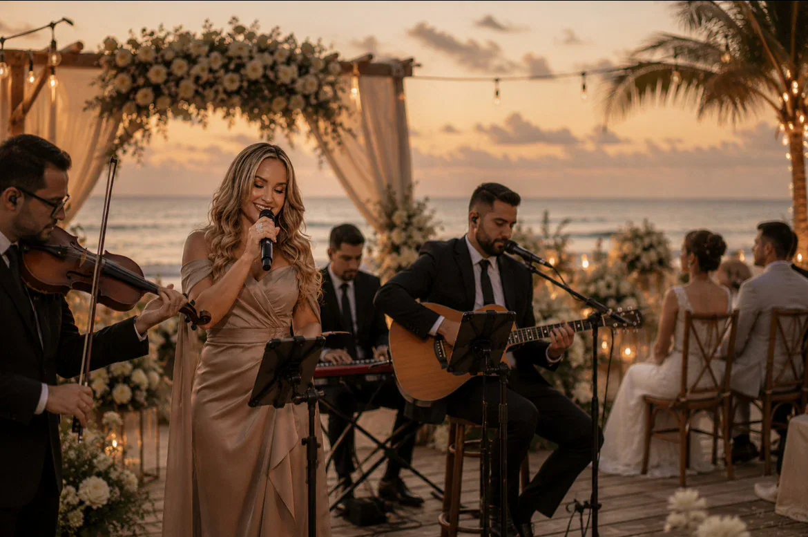 Tainá e músicos tocando em uma cerimônia de casamento à beira-mar